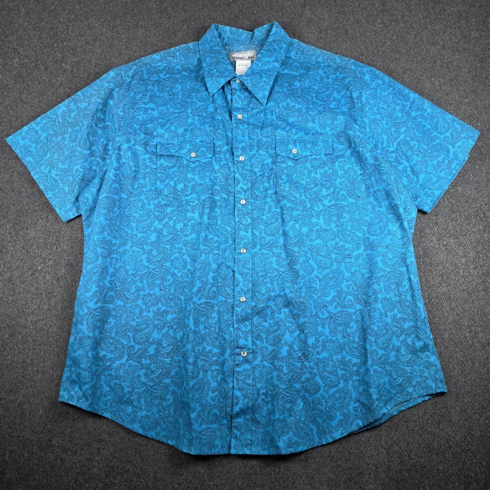 Wrangler Wrancher Shirt Mens XXL Blue Paisley Western Pearl Snap Workwear Cowboy
